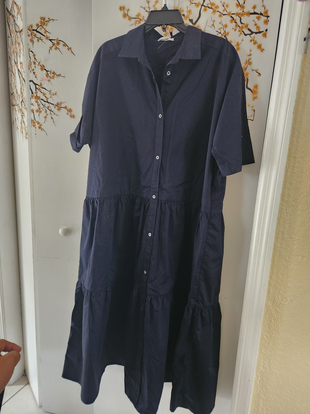 COS Navy Button-Down Tiered Maxi Dress with Short Sleeves